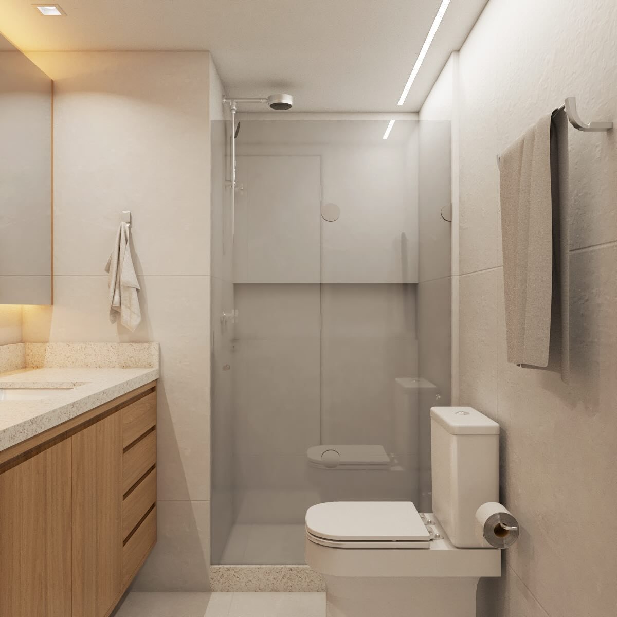Banheiro clean com marcenaria e bancada