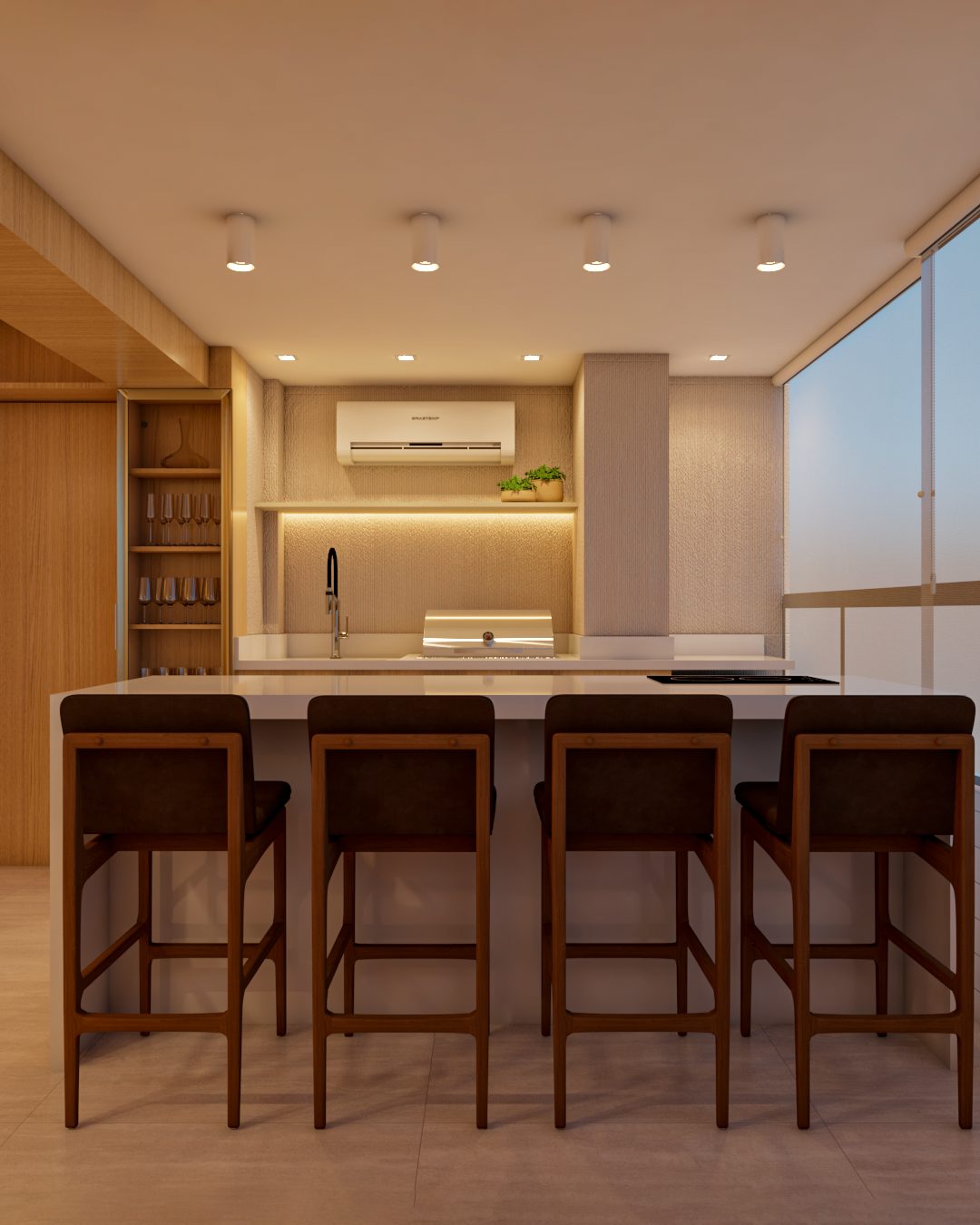 Cozinha com bancada e banquetas