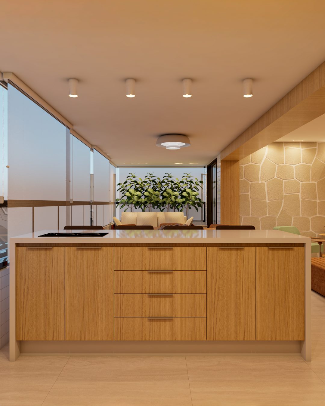 Cozinha com ilha central e horta