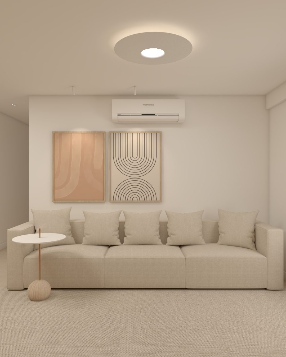Sala de estar clara com sofá branco