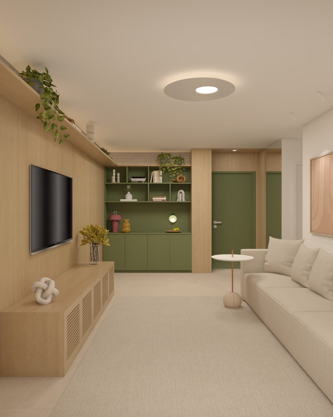 Sala com marcenaria verde e nichos