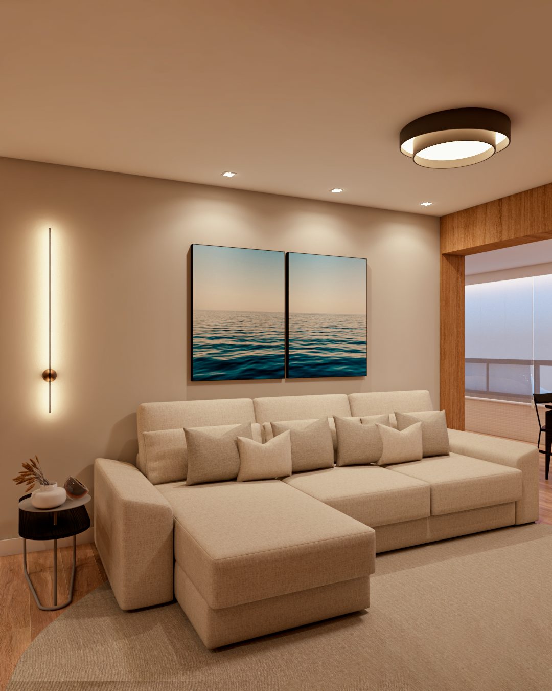 Sala de estar em tons neutros com painel ripado