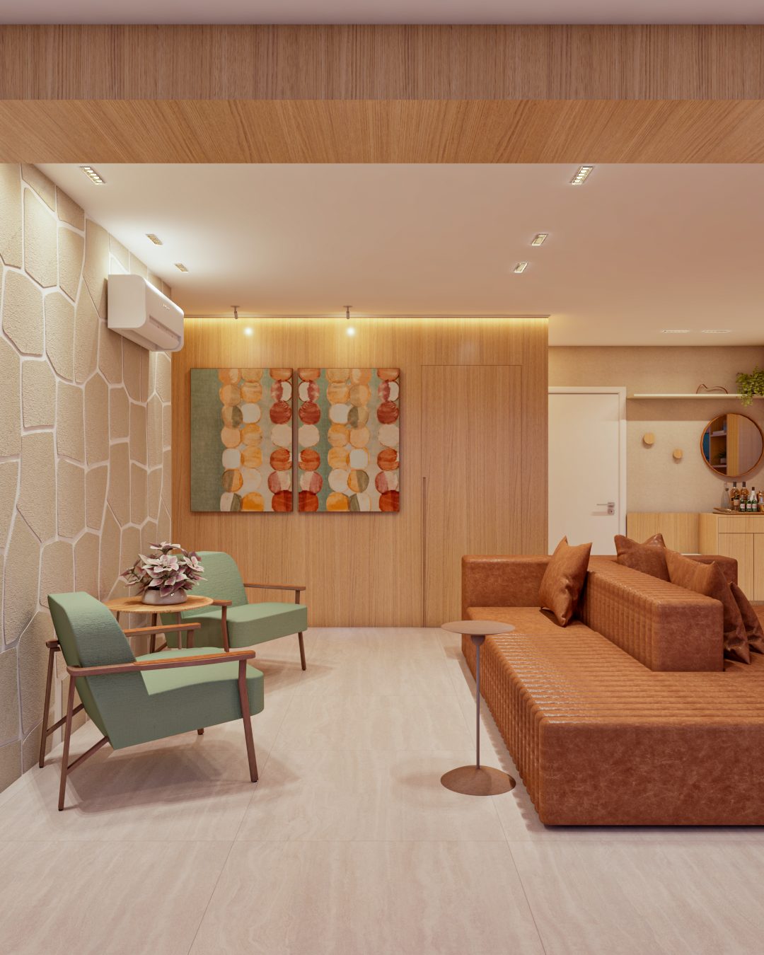 Sala de estar com sofá terracota e parede de pedra