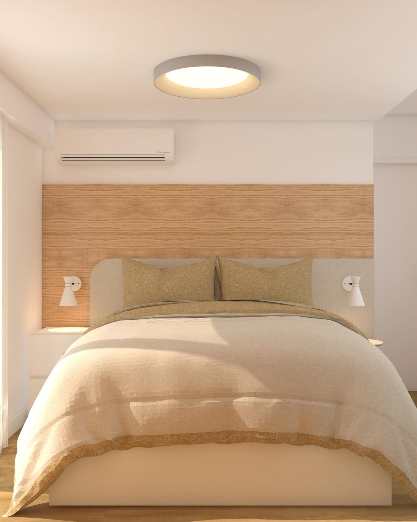 Quarto de casal atemporal em tons neutros