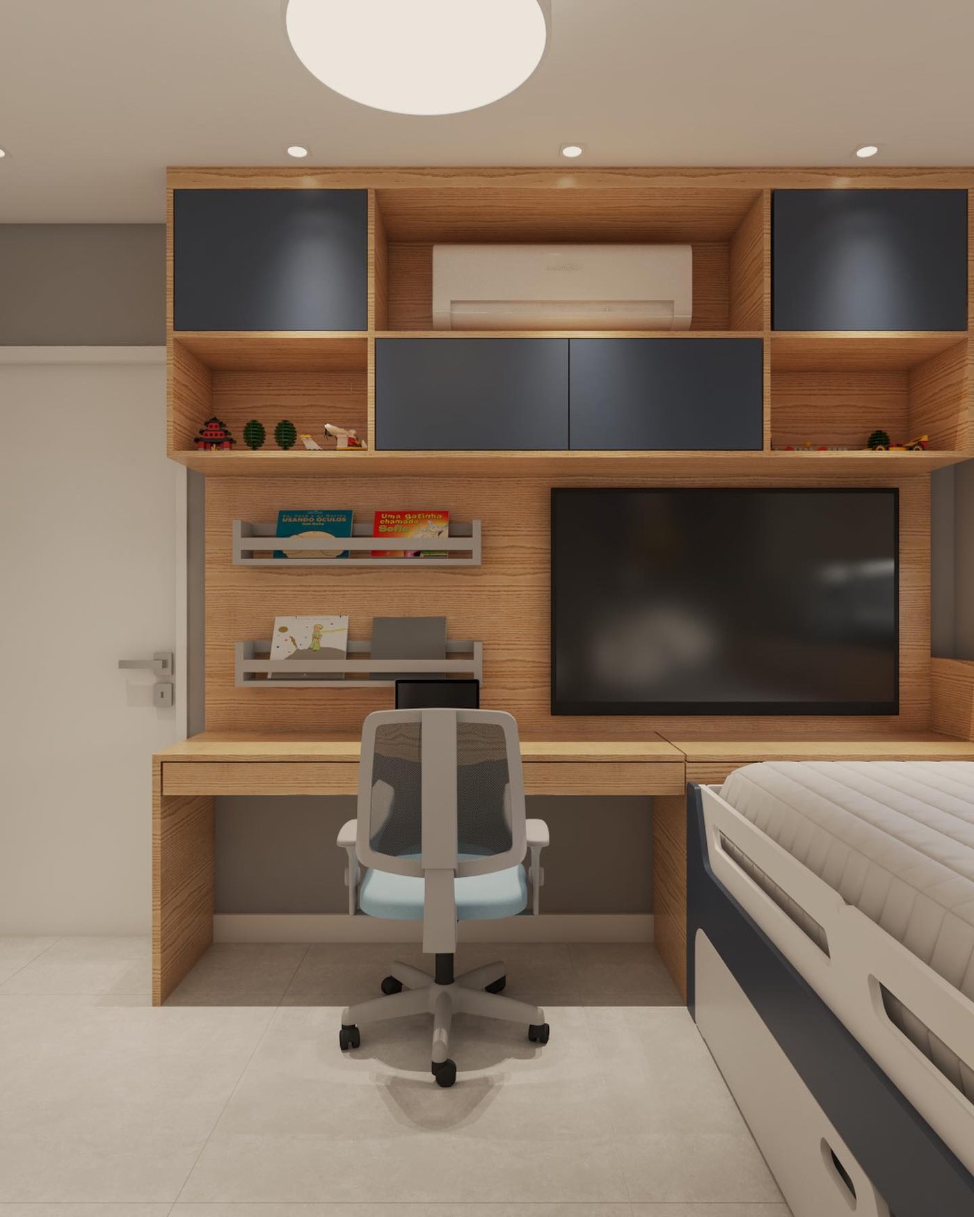 Quarto infantil masculino com marcenaria em madeira e azul