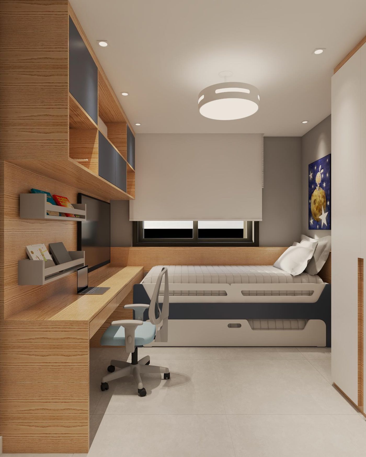 Quarto de menino com bancada de estudos e marcenaria
